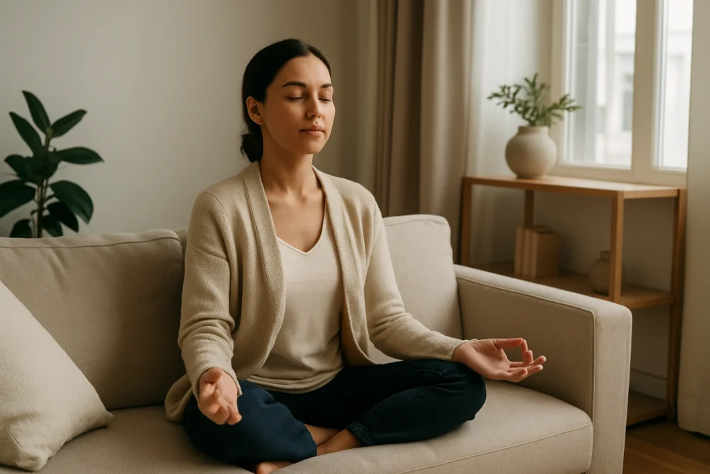 Femme en méditation dans un salon lumineux, illustrant le processus d’alignement personnel prôné par Jaoide Chelkhine
